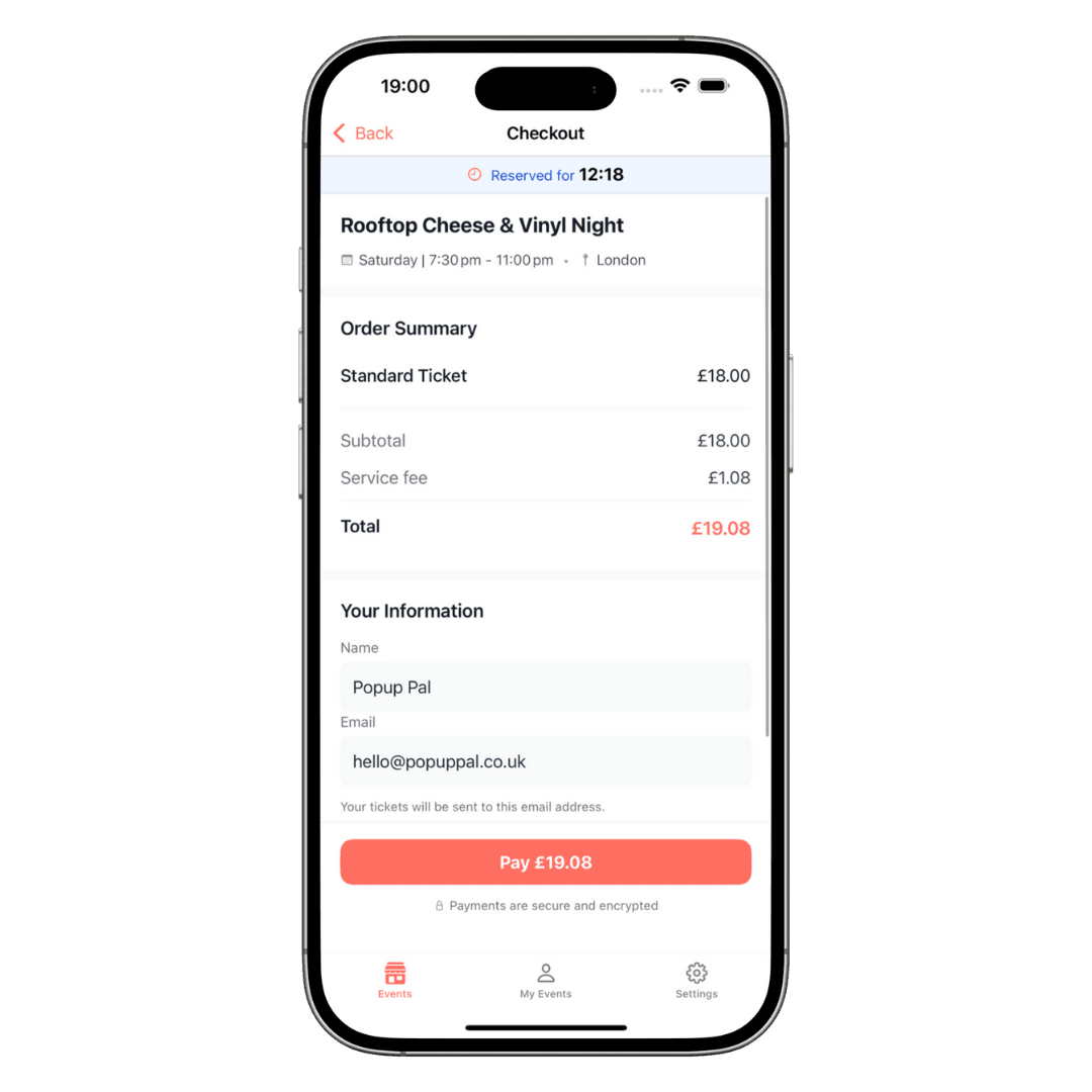 Popup Pal app screen showing Book Tickets feature